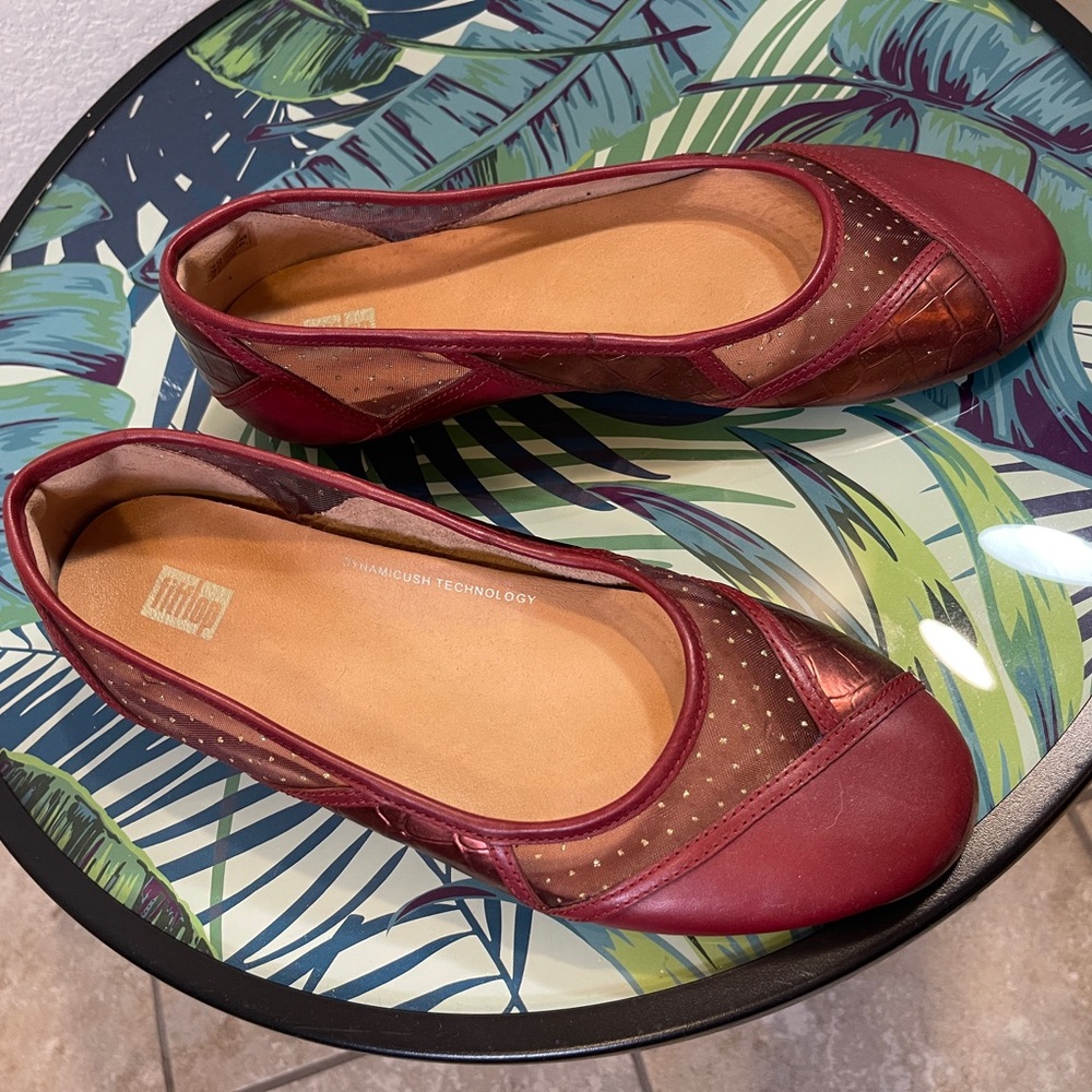 Rich red FitFlop flats with metallic croco detail